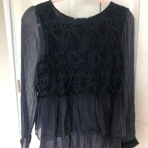 Navy long sleeve silk top